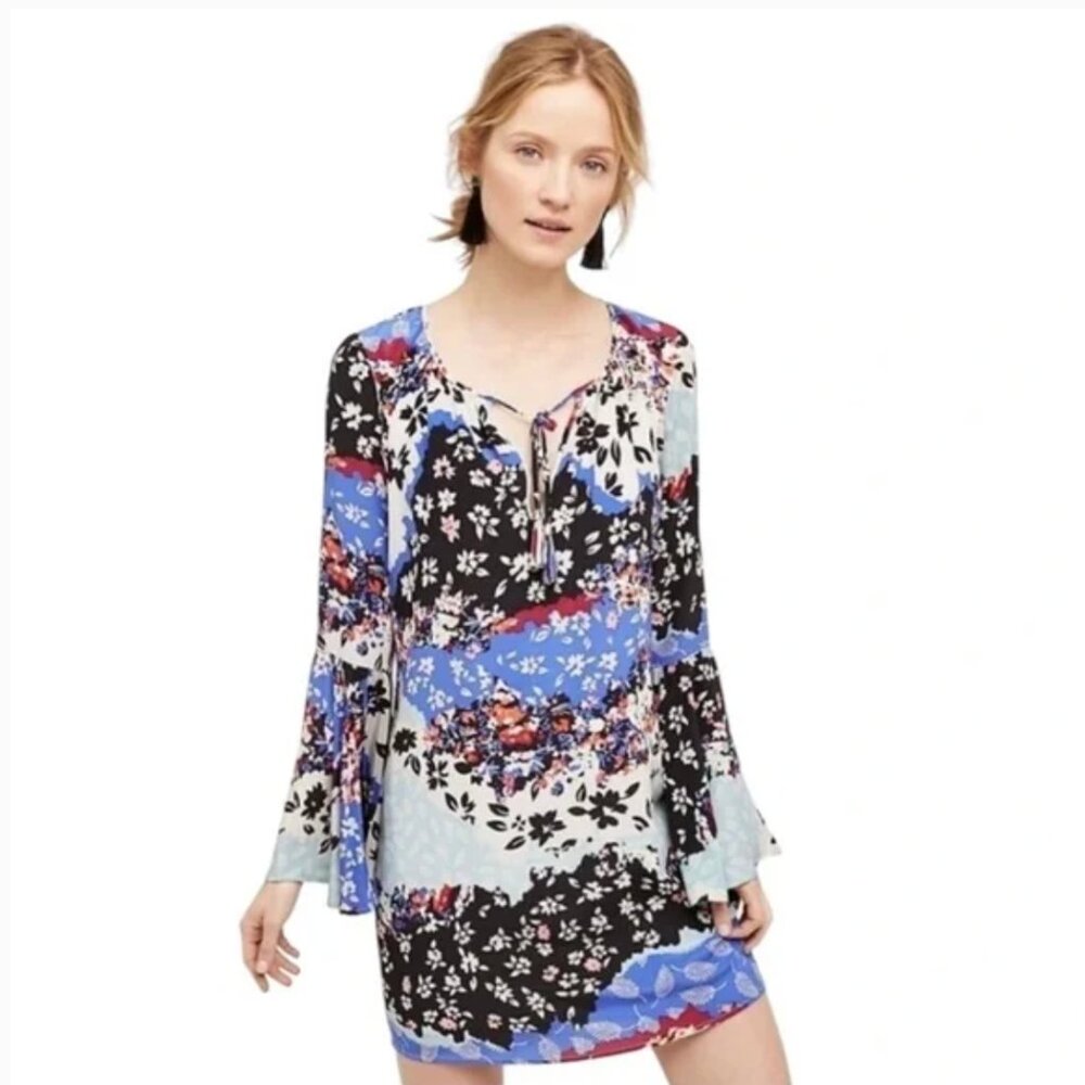 Yumi Kim Silk Floral Multicolored Bell Long Sleeve Dress Size Small